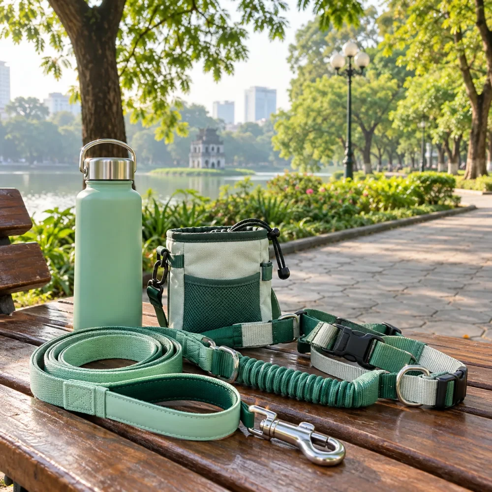 Dây dắt, chai nước và túi bánh thưởng trên ghế gỗ