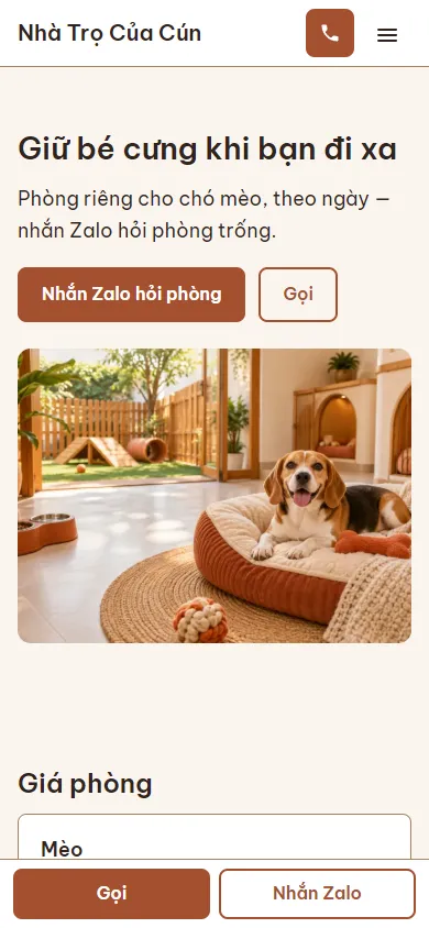 Mẫu Khách sạn chó mèo trên điện thoại