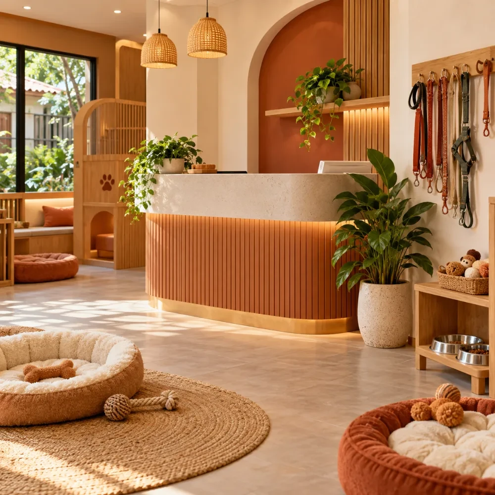 Góc lễ tân có giá treo dây dắt và chậu cây