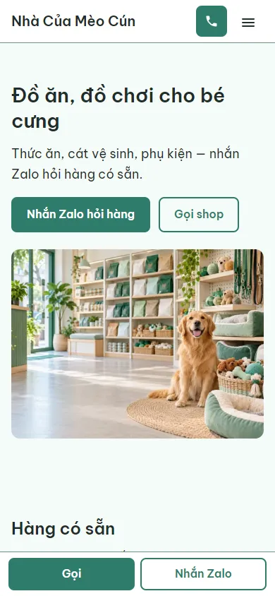 Mẫu Cửa hàng đồ thú cưng trên điện thoại