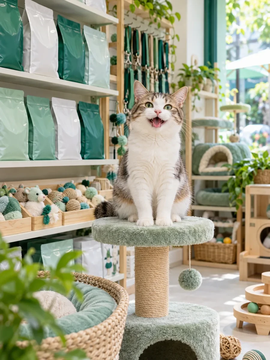 Mèo ngồi trên trụ cào móng trong shop