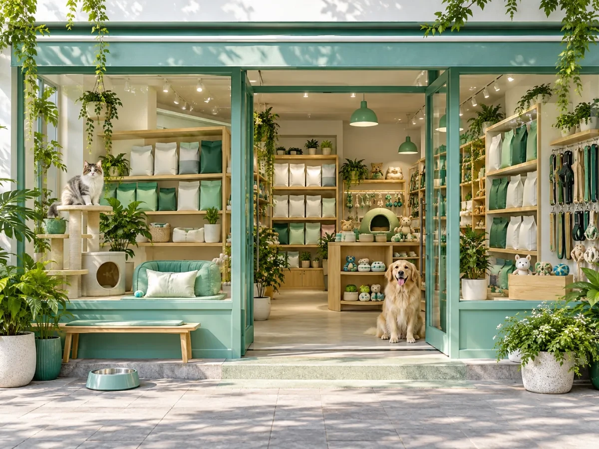 Mặt tiền shop có cây và bát nước bên ngoài