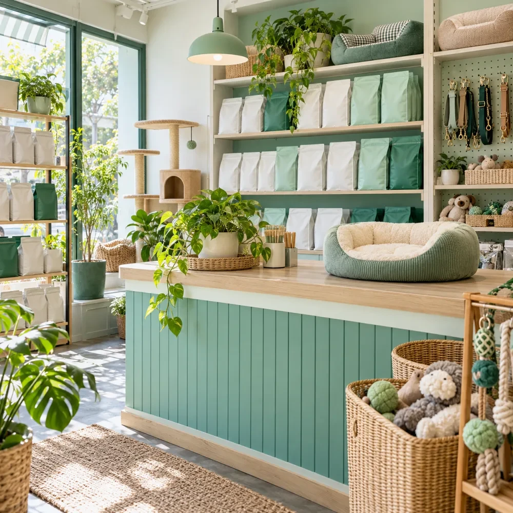 Quầy shop thú cưng nhỏ có chậu cây và ổ mèo