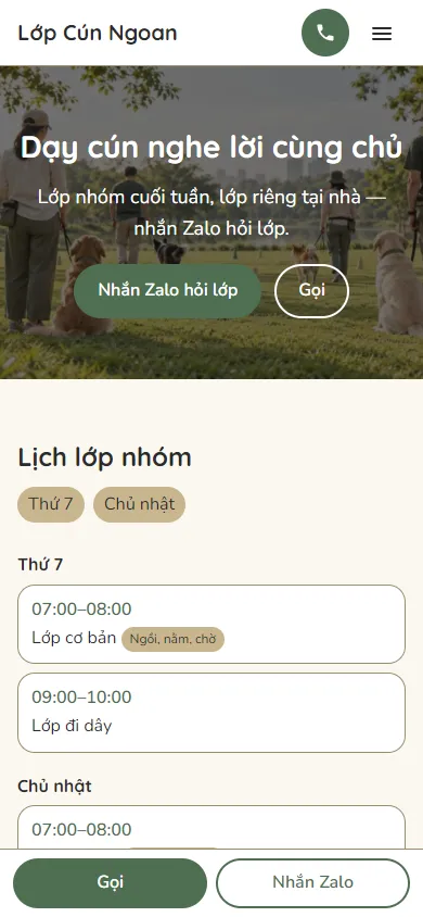 Mẫu Lớp huấn luyện chó trên điện thoại