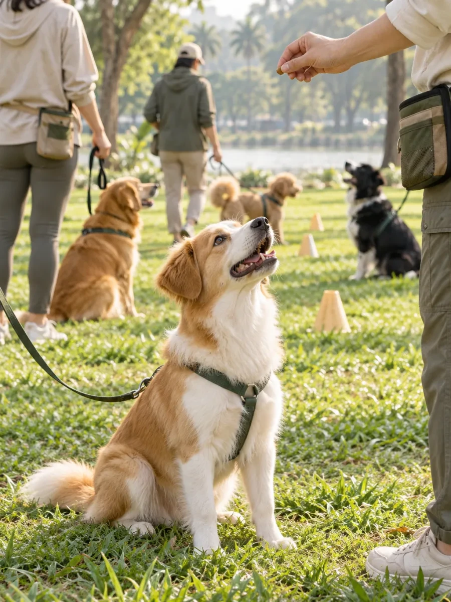 Chú chó ngồi ngước nhìn bàn tay cầm đồ thưởng
