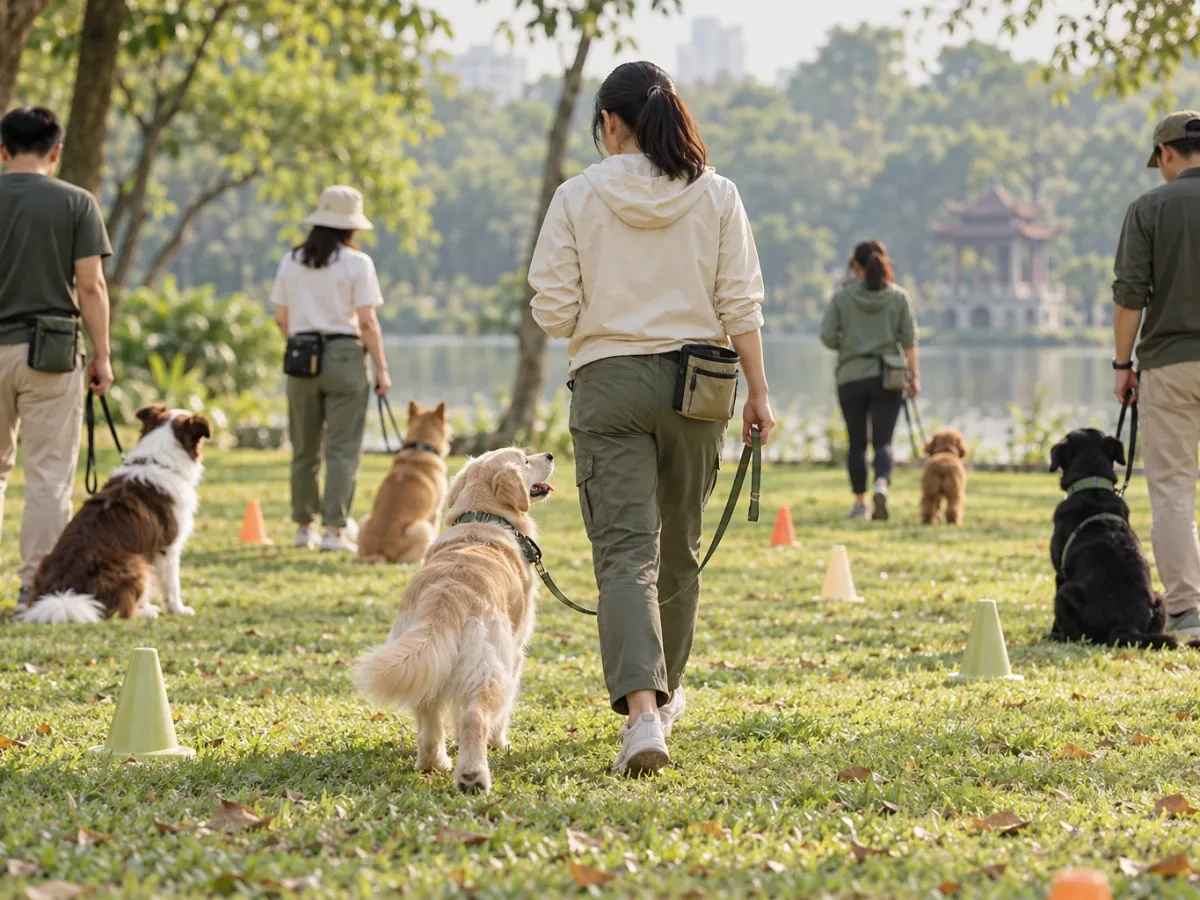 Chú chó đi dây lỏng cạnh người lớn nhìn từ phía sau