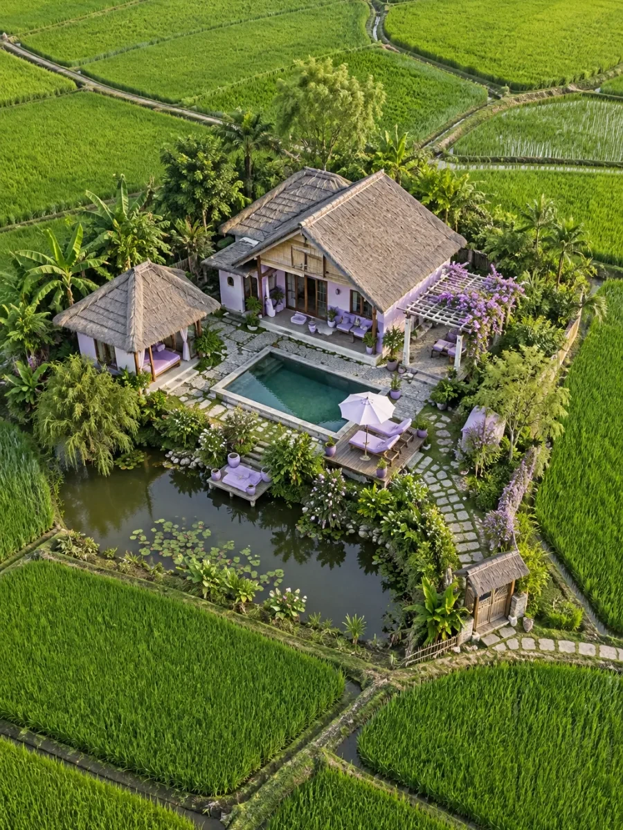 Homestay nhỏ giữa ruộng xanh nhìn thẳng từ trên xuống