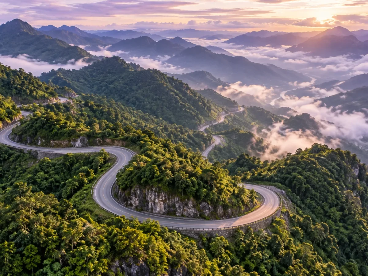 Đường đèo uốn lượn qua rừng nhìn từ trên cao