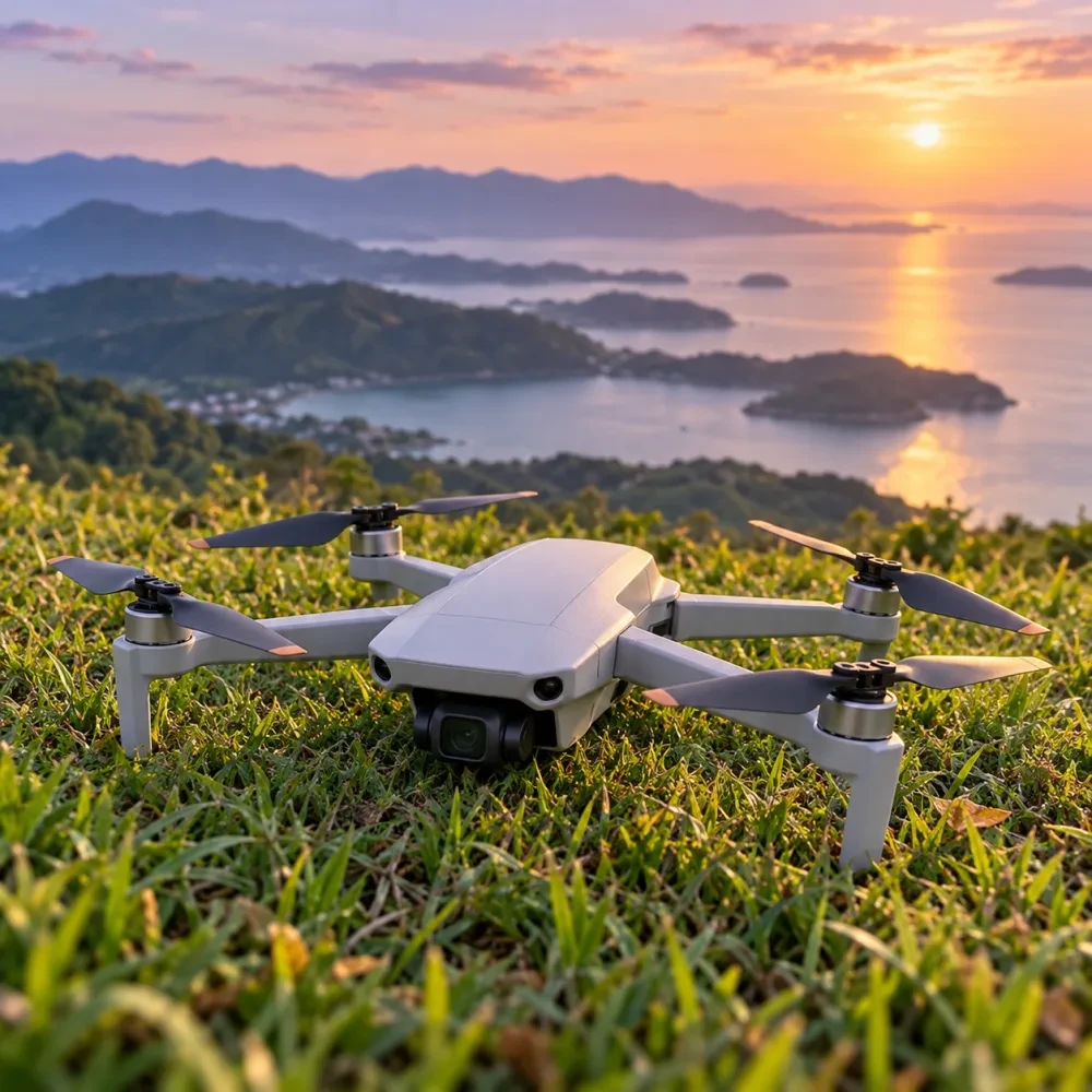 Flycam nhỏ trơn đặt trên cỏ