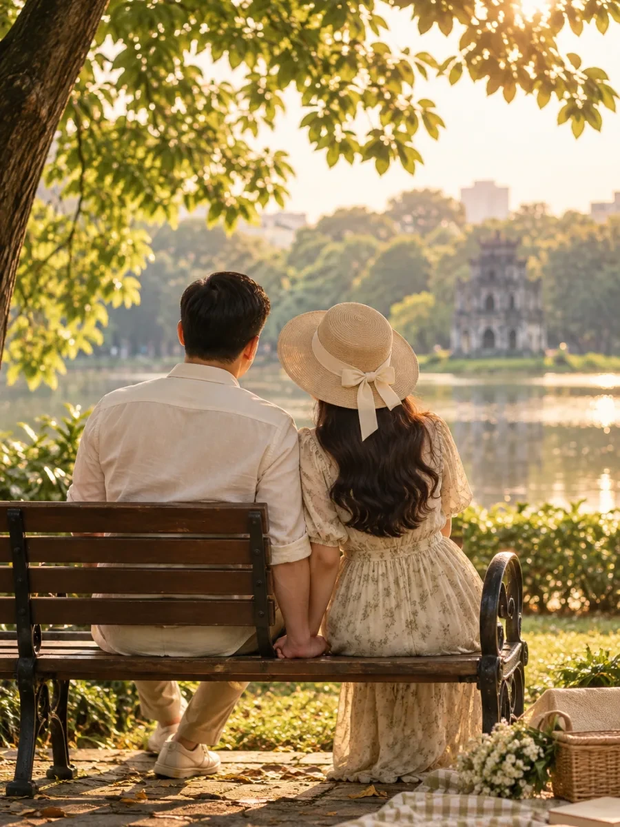 Đôi vợ chồng nhìn từ phía sau ngồi trên ghế đá dưới tán cây