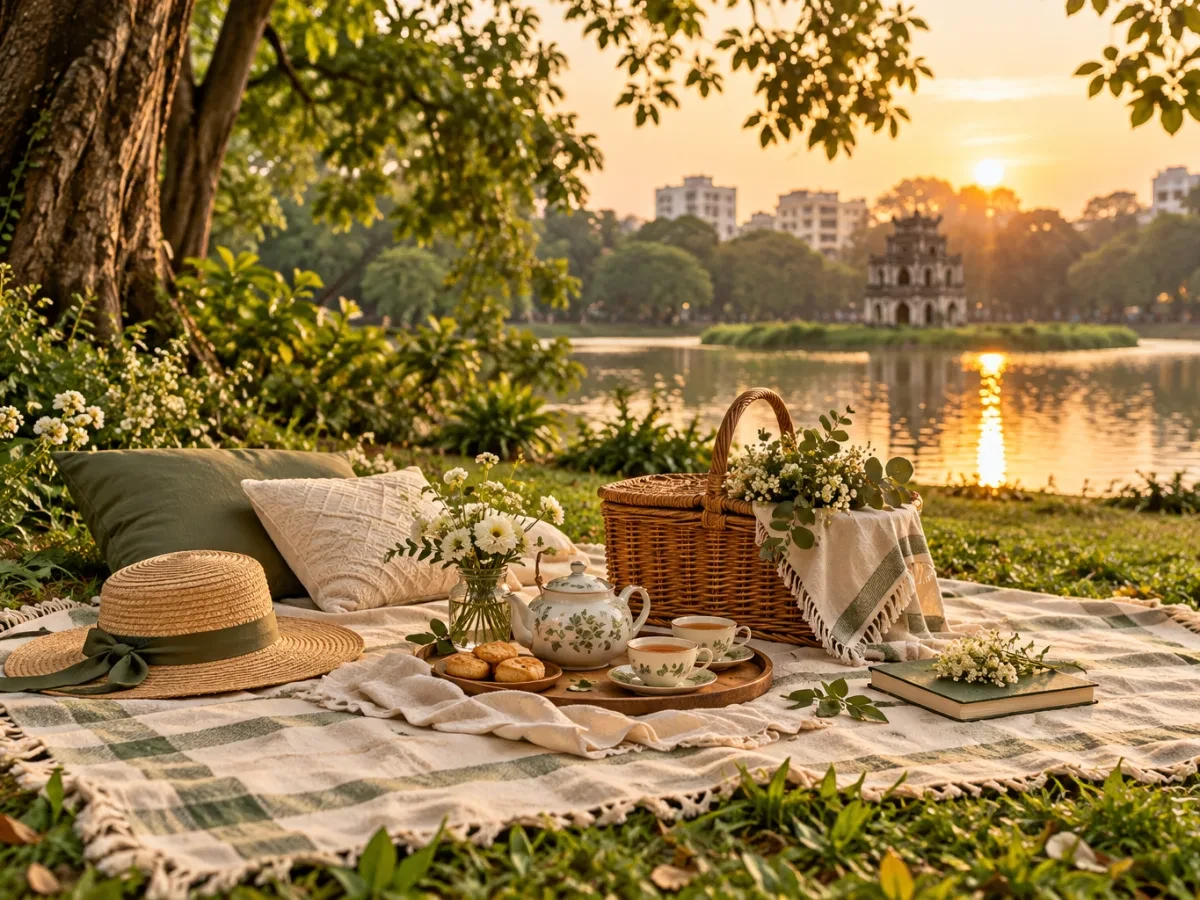 Tấm thảm picnic có giỏ và tách trà trên cỏ