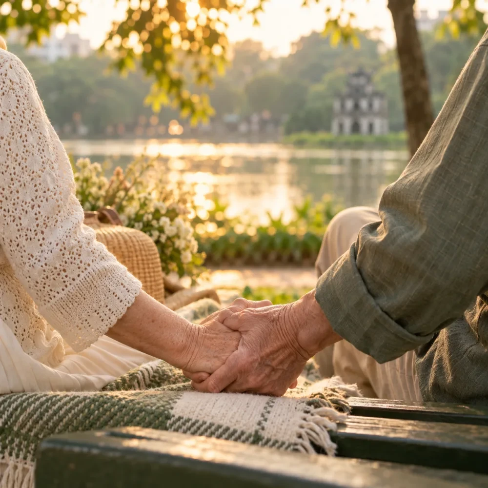Cận cảnh hai bàn tay người lớn tuổi nắm lấy nhau