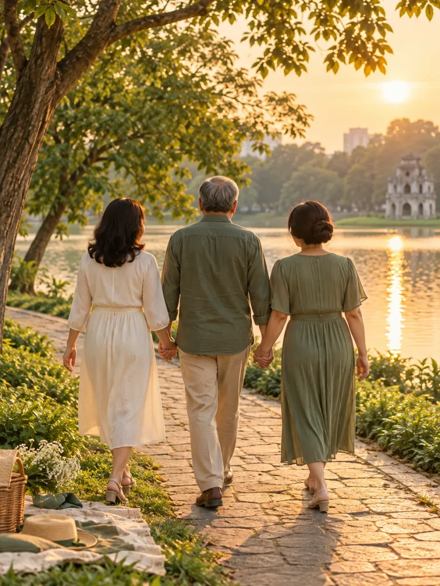 Ba người lớn nhìn từ phía sau đi dọc lối ven hồ