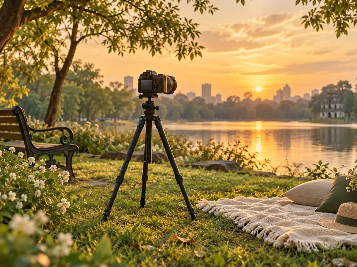 Máy ảnh trên chân máy trong công viên lúc hoàng hôn
