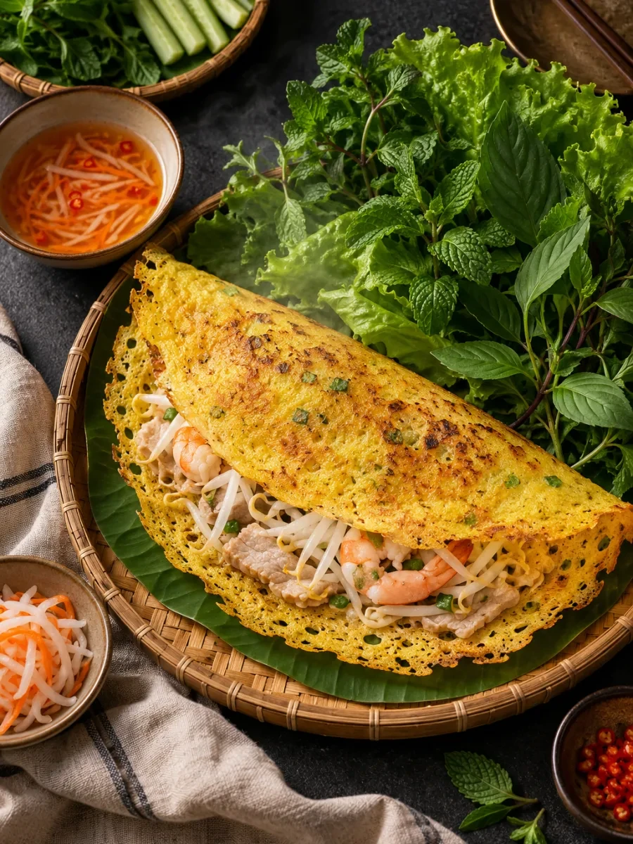 Bánh xèo và rau thơm trên nền đá tối nhìn từ trên xuống