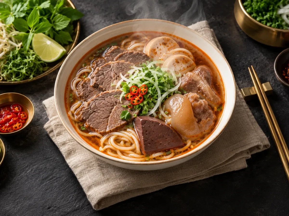 Bát bún bò bốc khói trên khăn lanh có đôi đũa