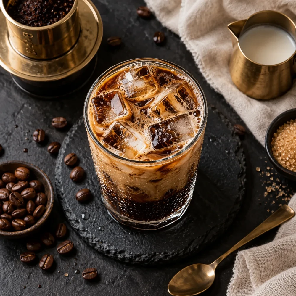 Ly cà phê đá đọng hơi nước trên bàn tối