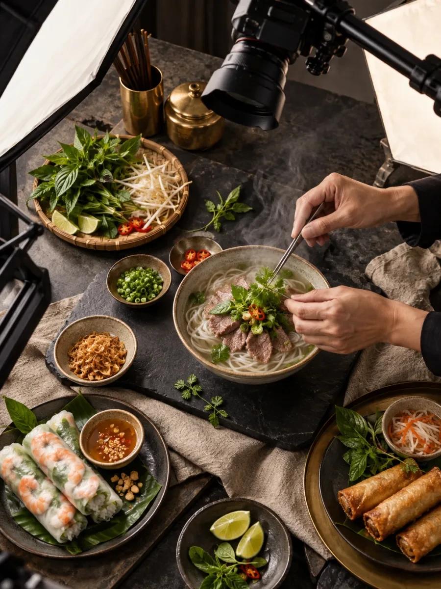 Bàn tay dùng nhíp đặt rau lên món để bày ảnh