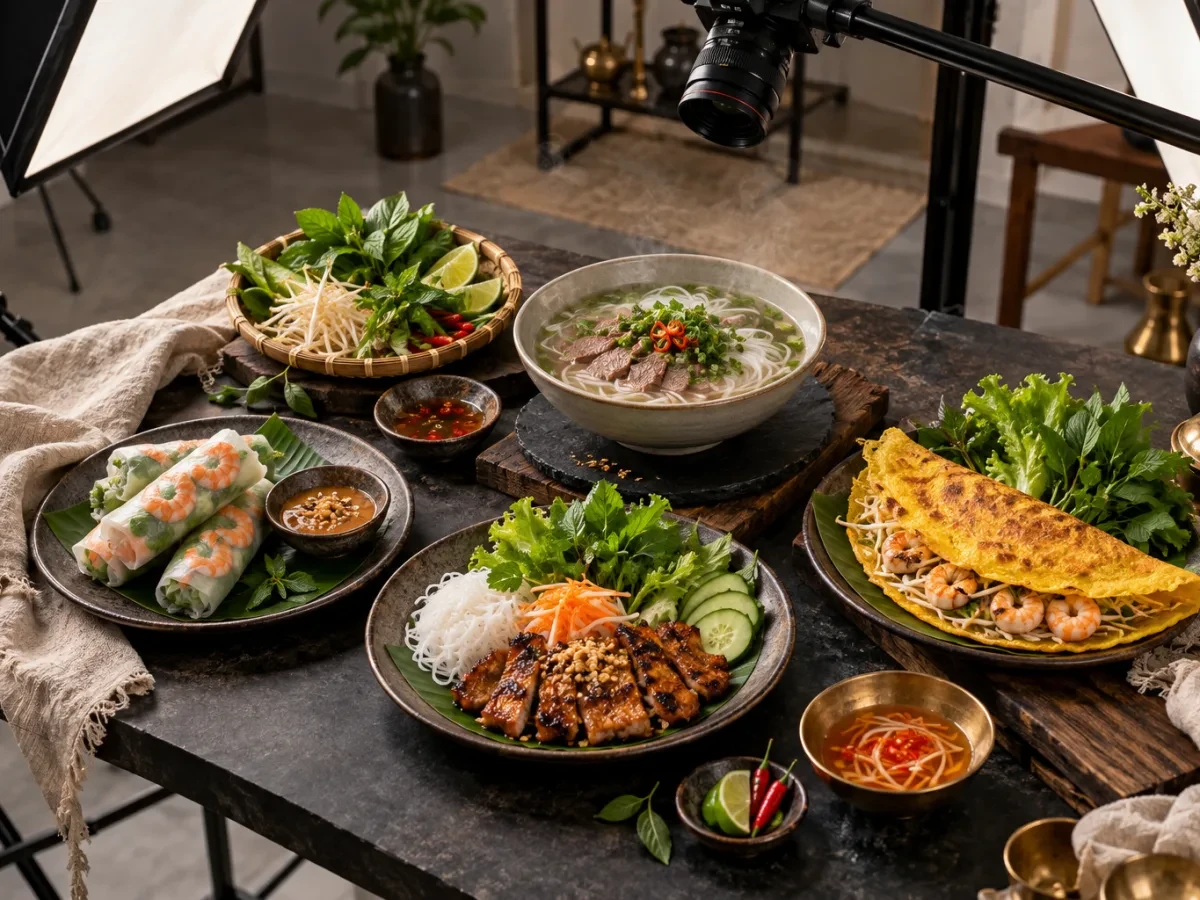 Studio nhỏ có đèn softbox và bàn đã bày món