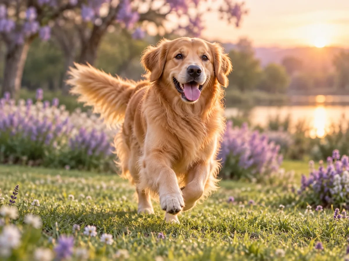 Chó golden chạy trên cỏ trong công viên lúc hoàng hôn