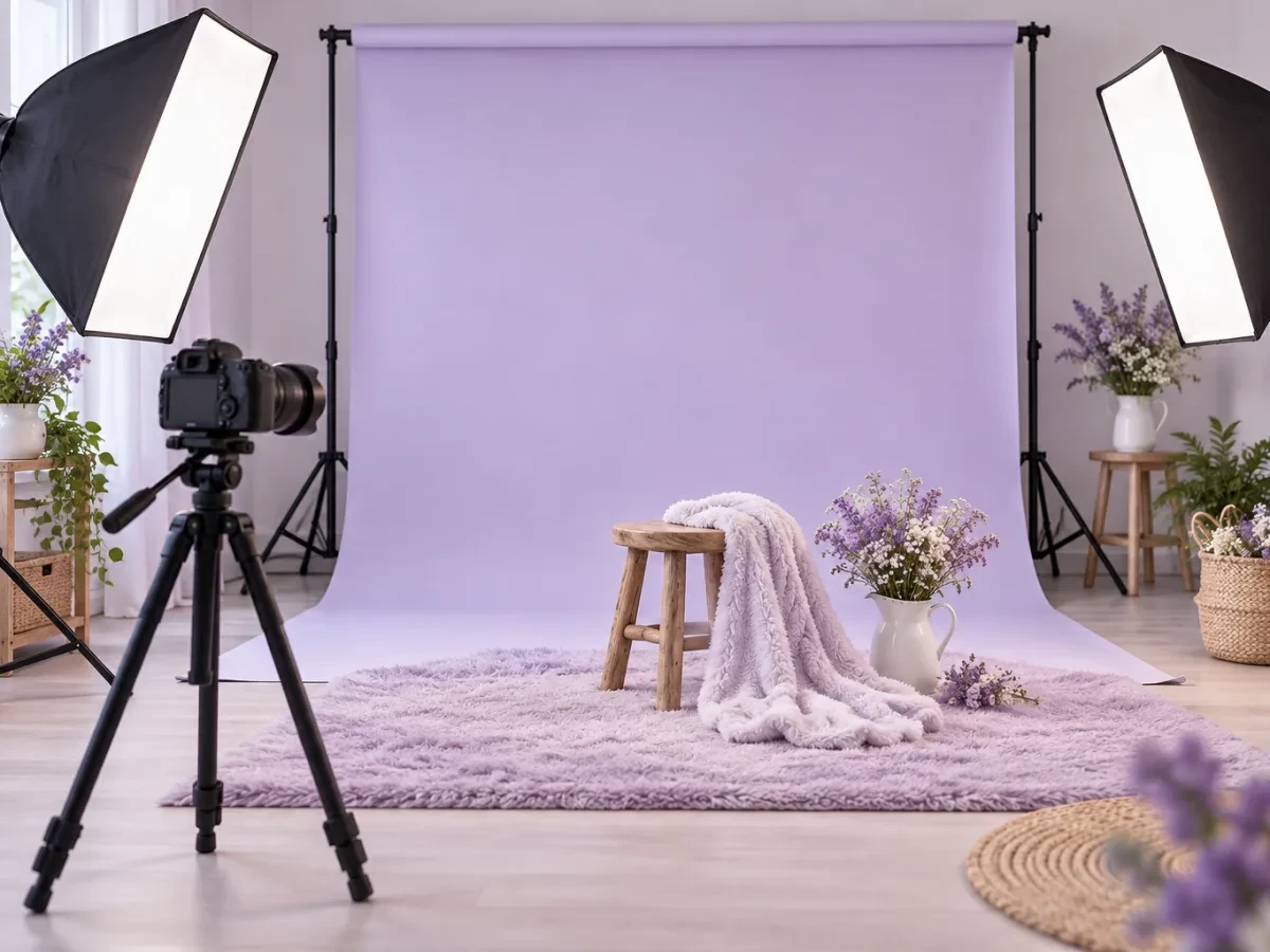 Studio nhỏ có đèn, phông màu pastel và máy ảnh trên chân máy