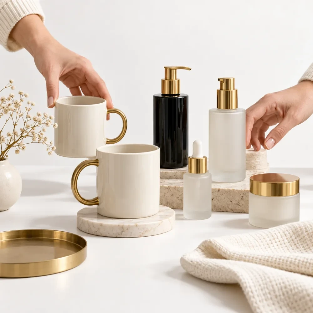 Bàn tay xếp sản phẩm nhỏ trên bàn trắng