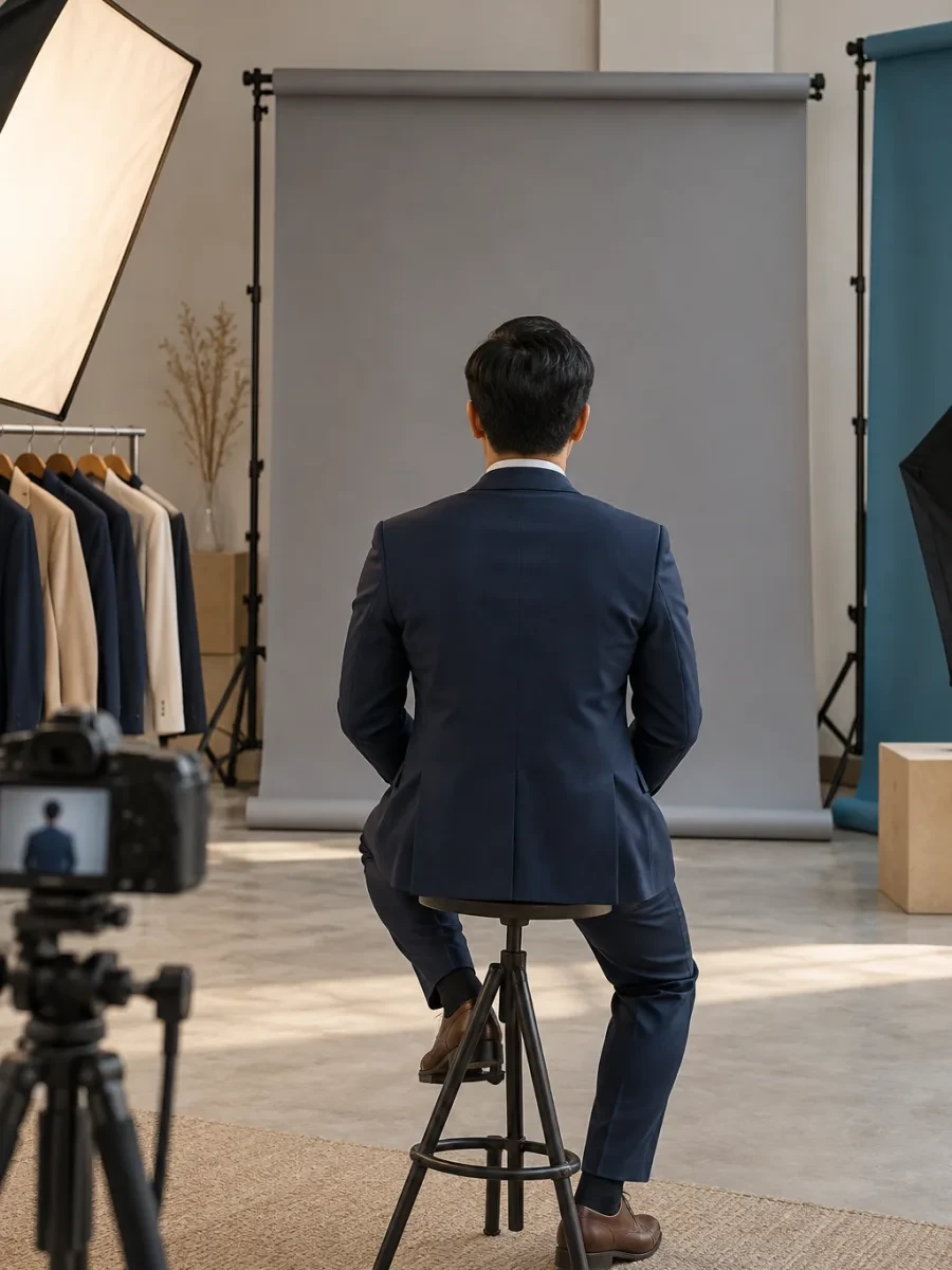 Người mặc áo vest xanh than nhìn từ phía sau ngồi trước phông xám