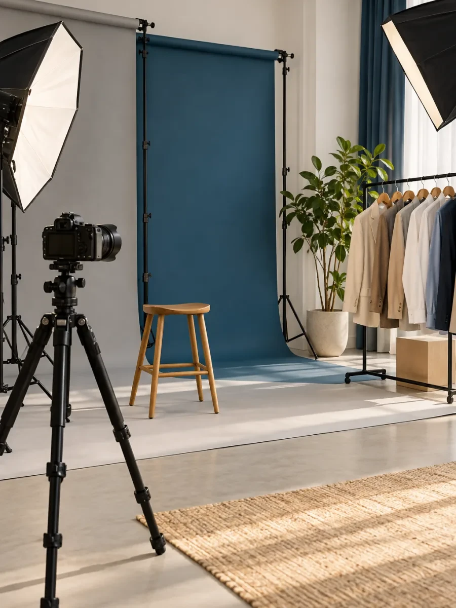 Giá treo áo vest và sơ mi ở góc studio