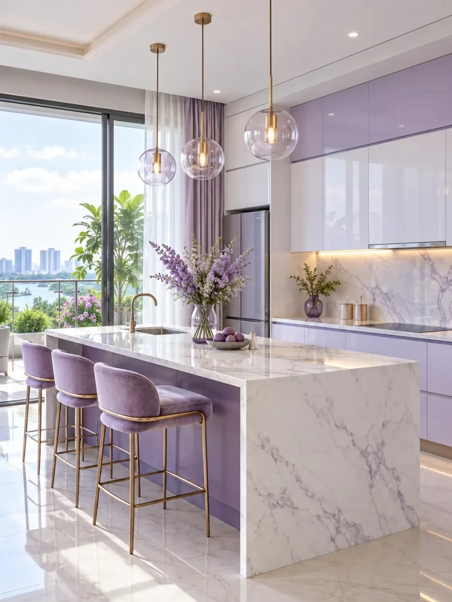 Bếp hiện đại có đảo bếp trong ánh sáng ban ngày