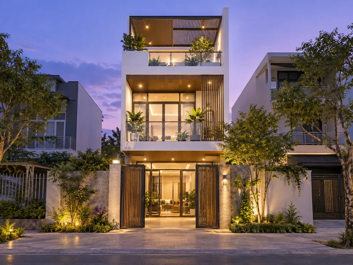 Mặt tiền nhà phố lúc chạng vạng, đèn trong nhà sáng ấm