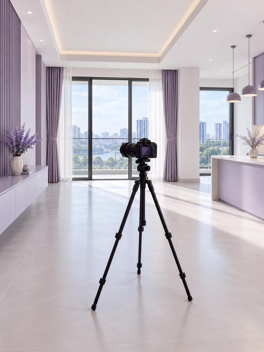 Máy ảnh trên chân máy trong căn phòng trống sáng