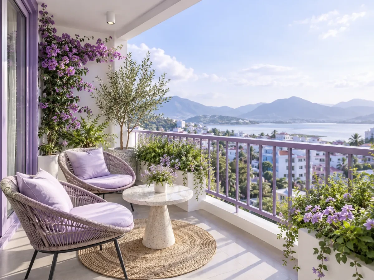 Ban công homestay nhỏ có ghế và cây xanh