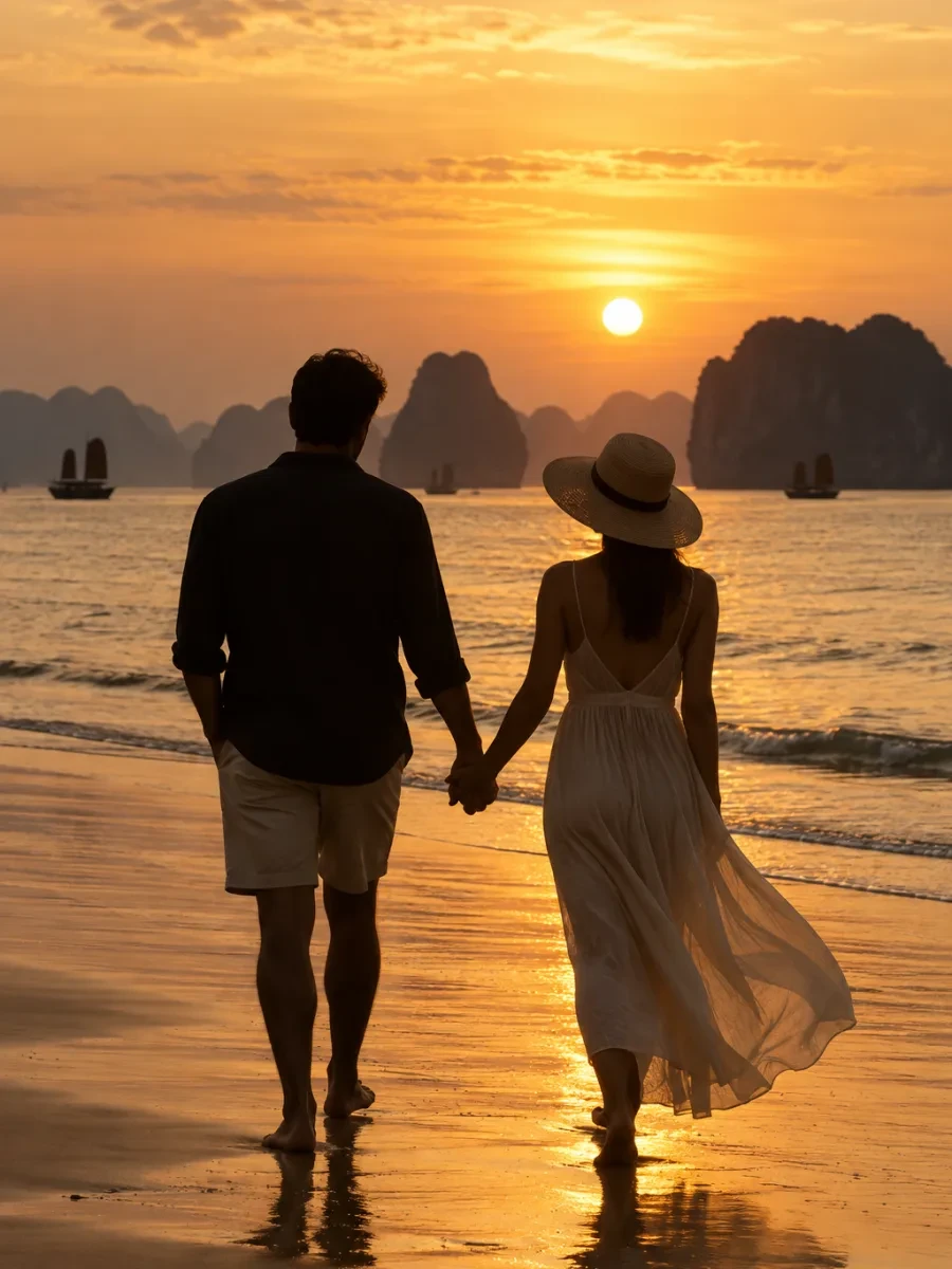 Bóng một cặp người lớn nắm tay đi trên biển lúc hoàng hôn