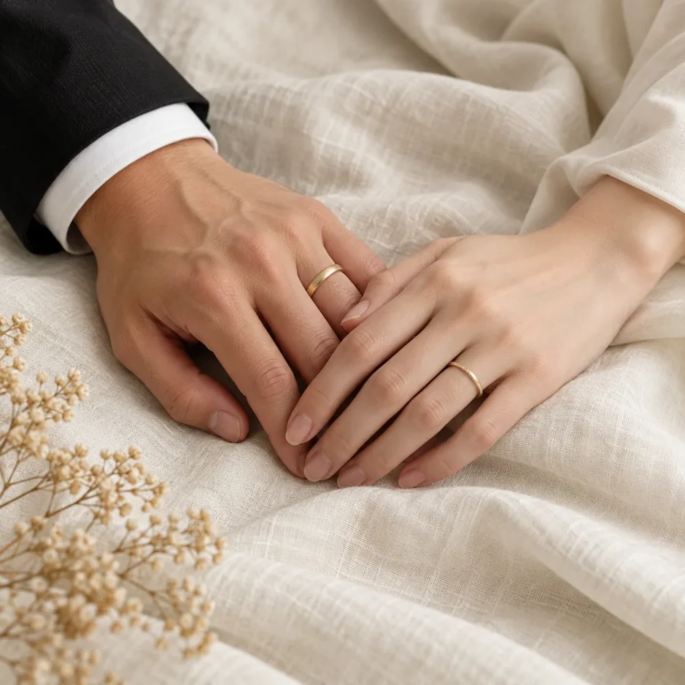 Tay hai người lớn đeo nhẫn đặt trên khăn lanh
