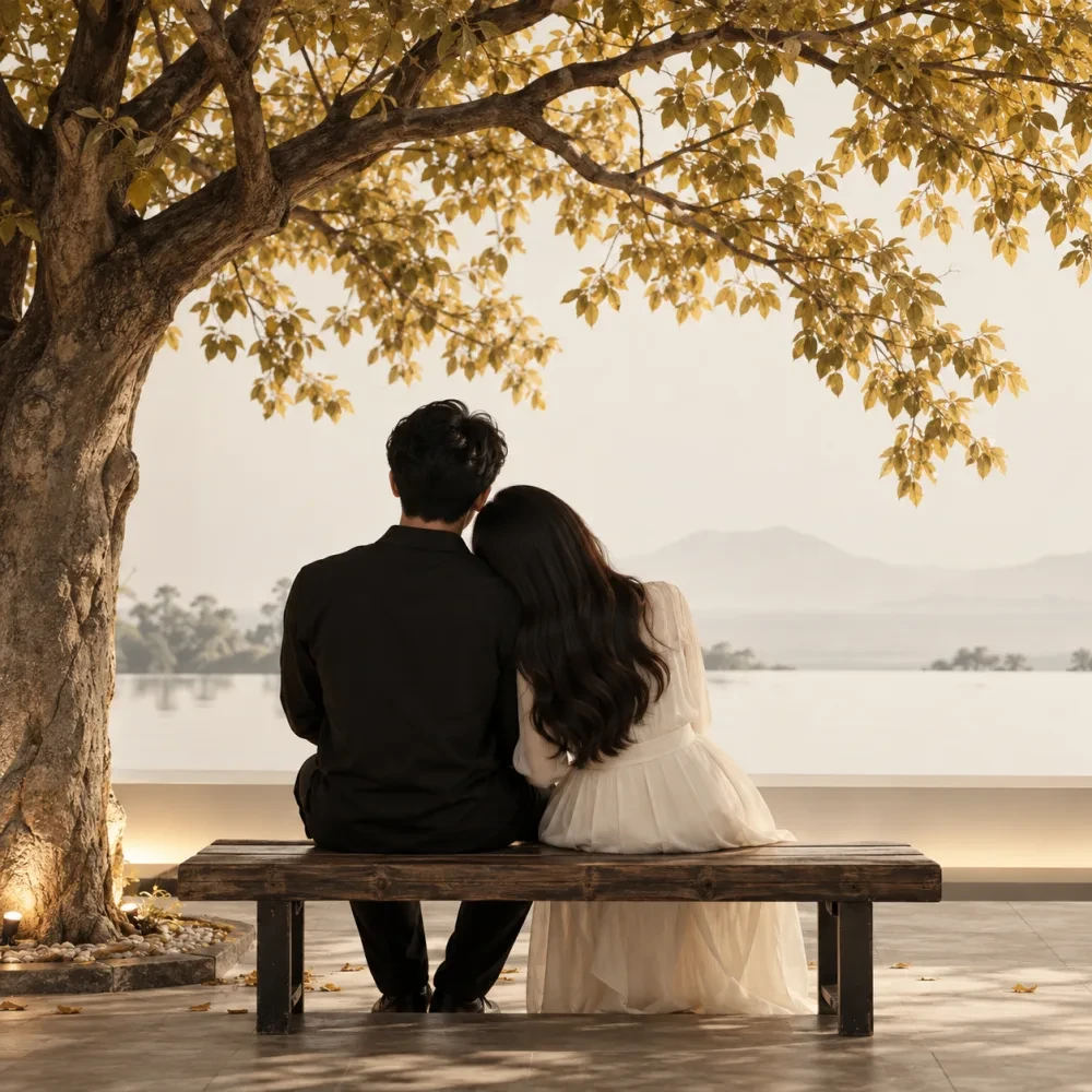 Cặp đôi ngồi trên ghế dưới tán cây, nhìn từ phía sau