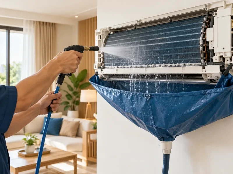Bàn tay xịt nước vệ sinh dàn lạnh máy lạnh
