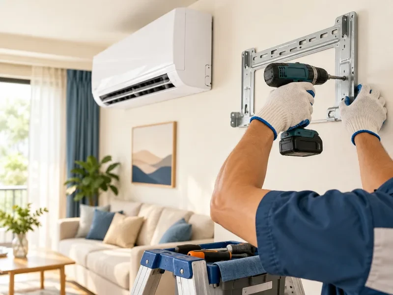 Bàn tay lắp giá đỡ máy lạnh mới