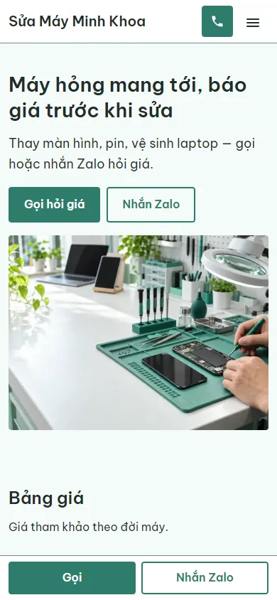 Mẫu Sửa điện thoại, laptop trên điện thoại