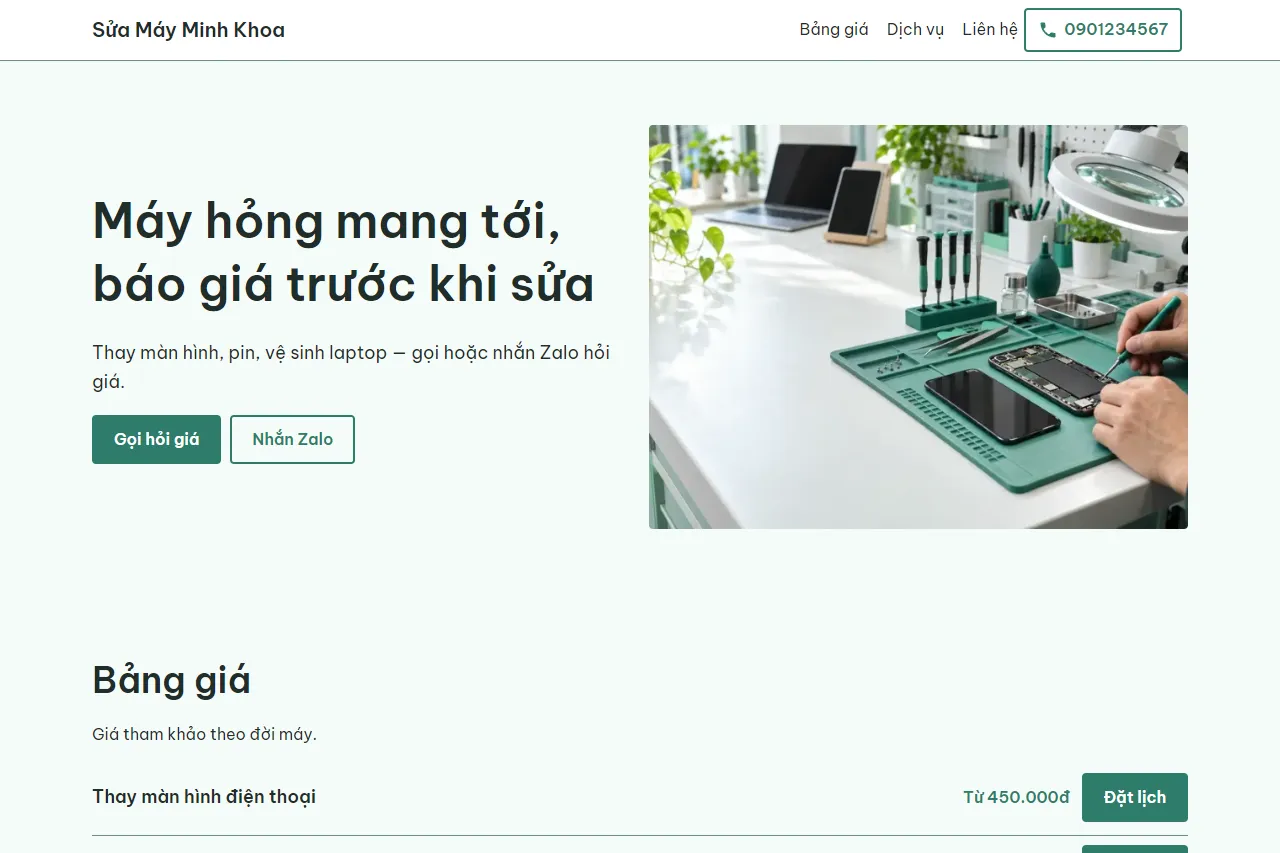 Mẫu Sửa điện thoại, laptop trên máy tính