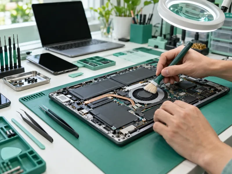 Laptop đã mở nắp, chổi vệ sinh quạt