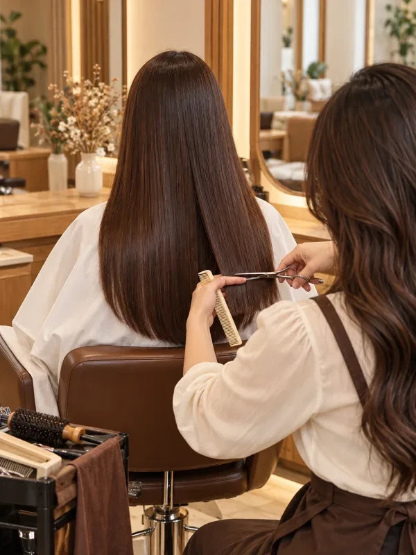 Thợ tóc nhìn từ phía sau đang cắt tóc dài cho khách