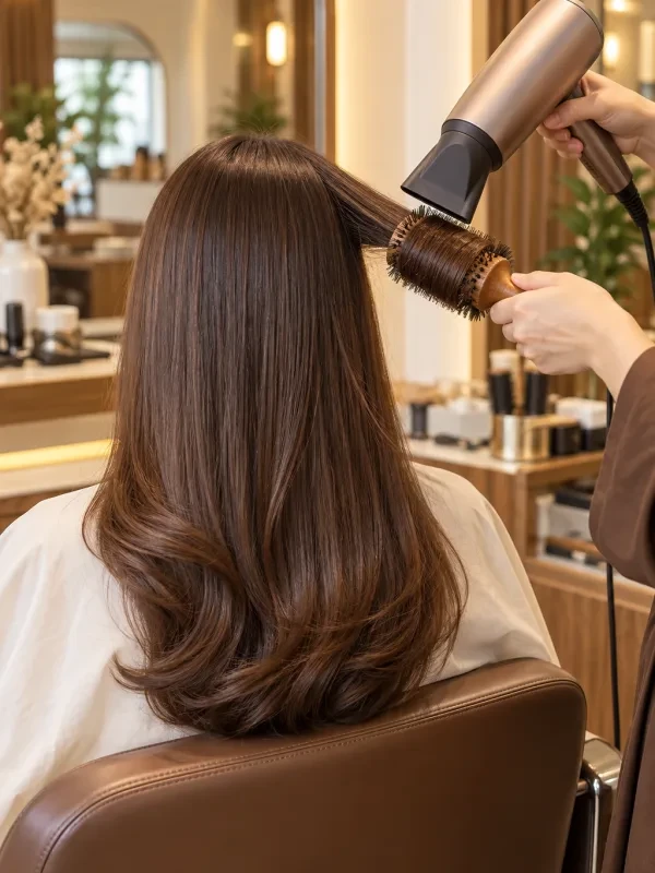 Thợ tóc nhìn từ phía sau đang sấy tóc bằng lược tròn