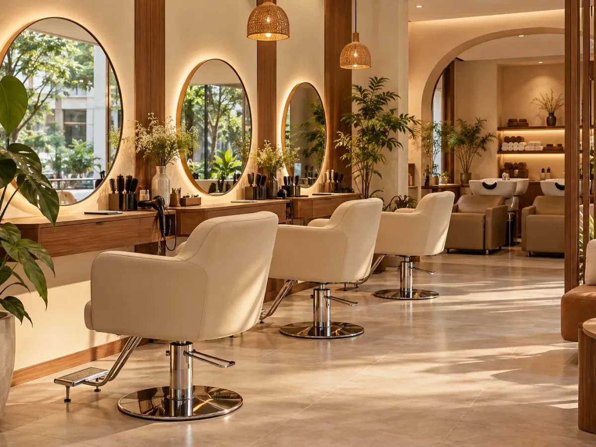 Không gian salon ghế kem, gương tròn và cây xanh
