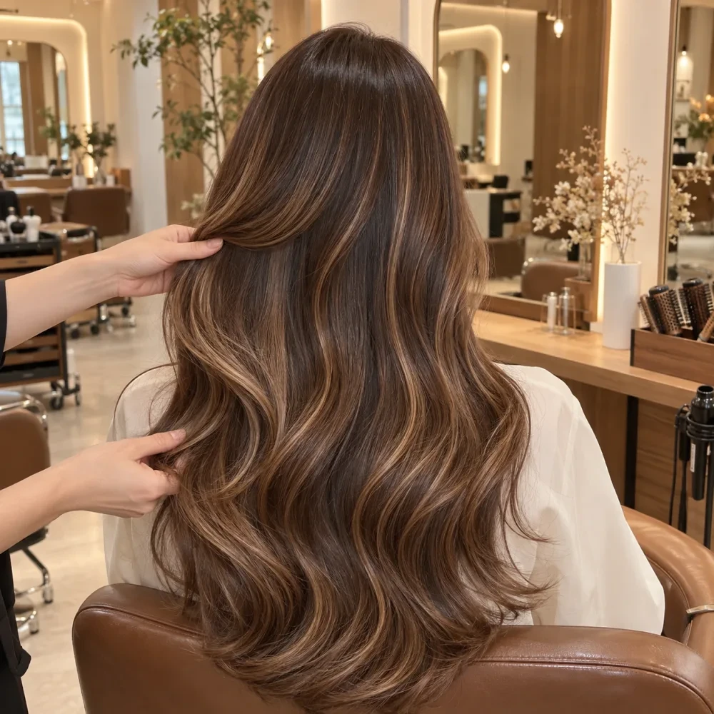 Phía sau mái tóc dài nhuộm highlight màu caramel