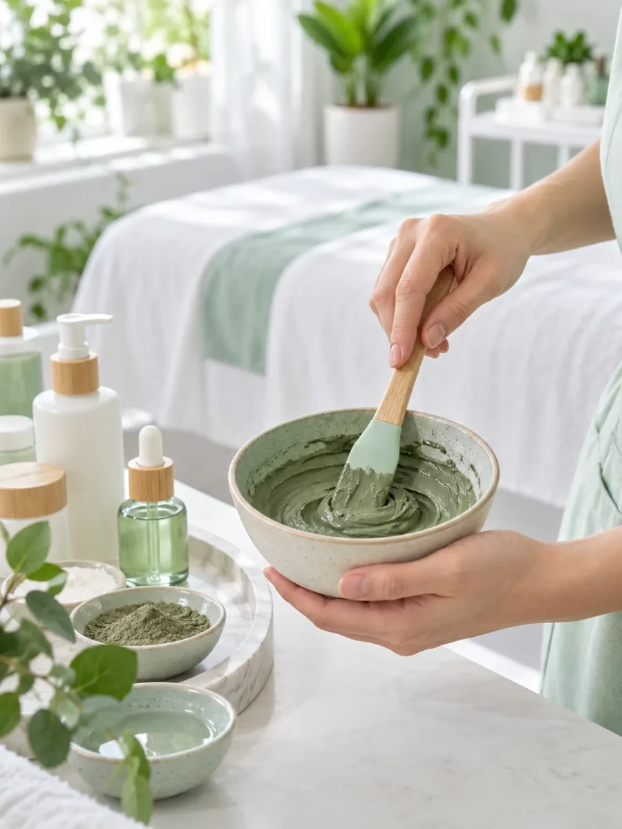 Bàn tay trộn mặt nạ đất sét trong bát nhỏ