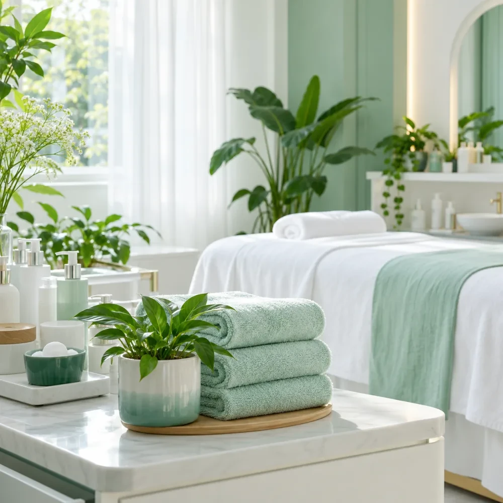 Khăn bạc hà gấp và chậu cây nhỏ