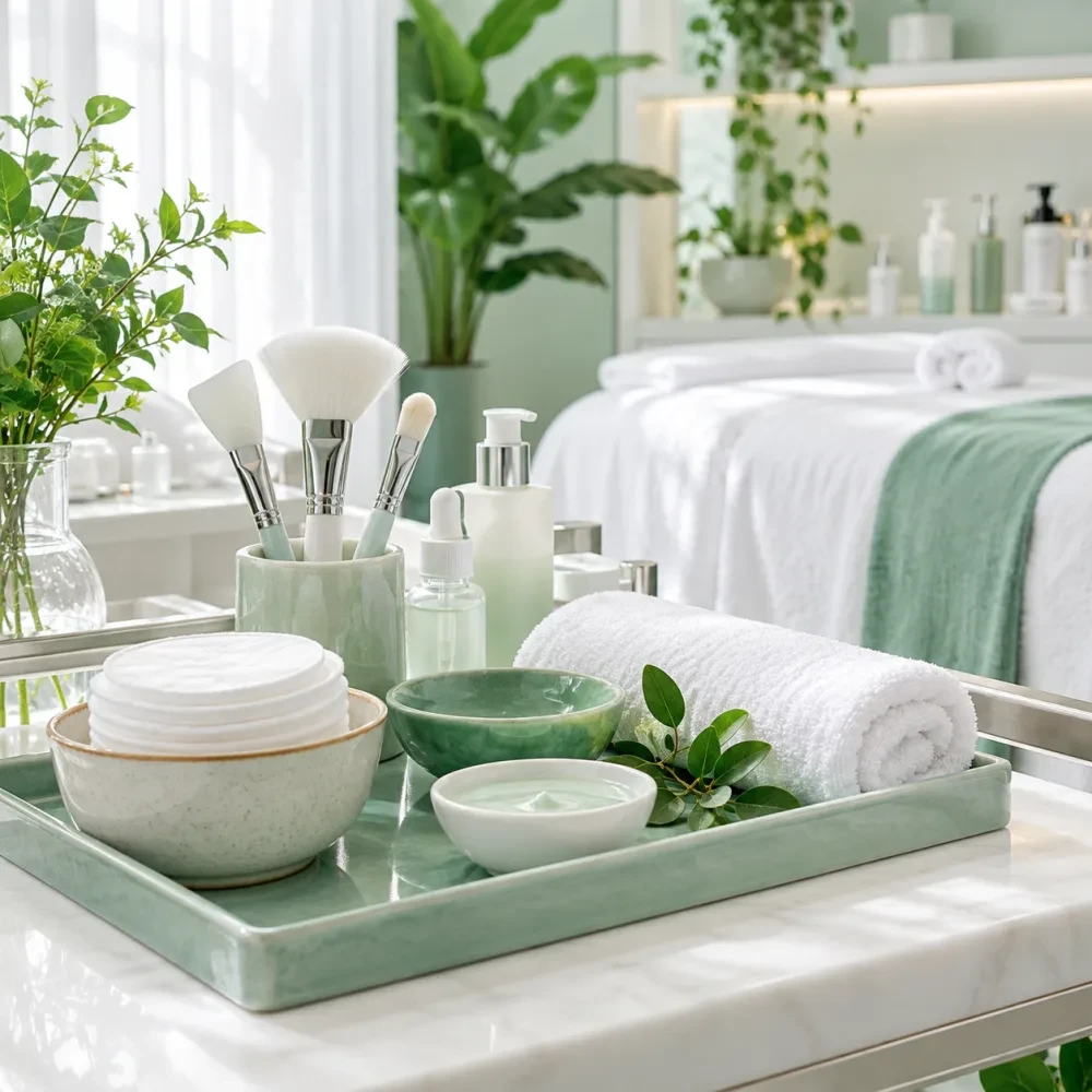 Bông tẩy trang, cọ và bát nhỏ trên khay