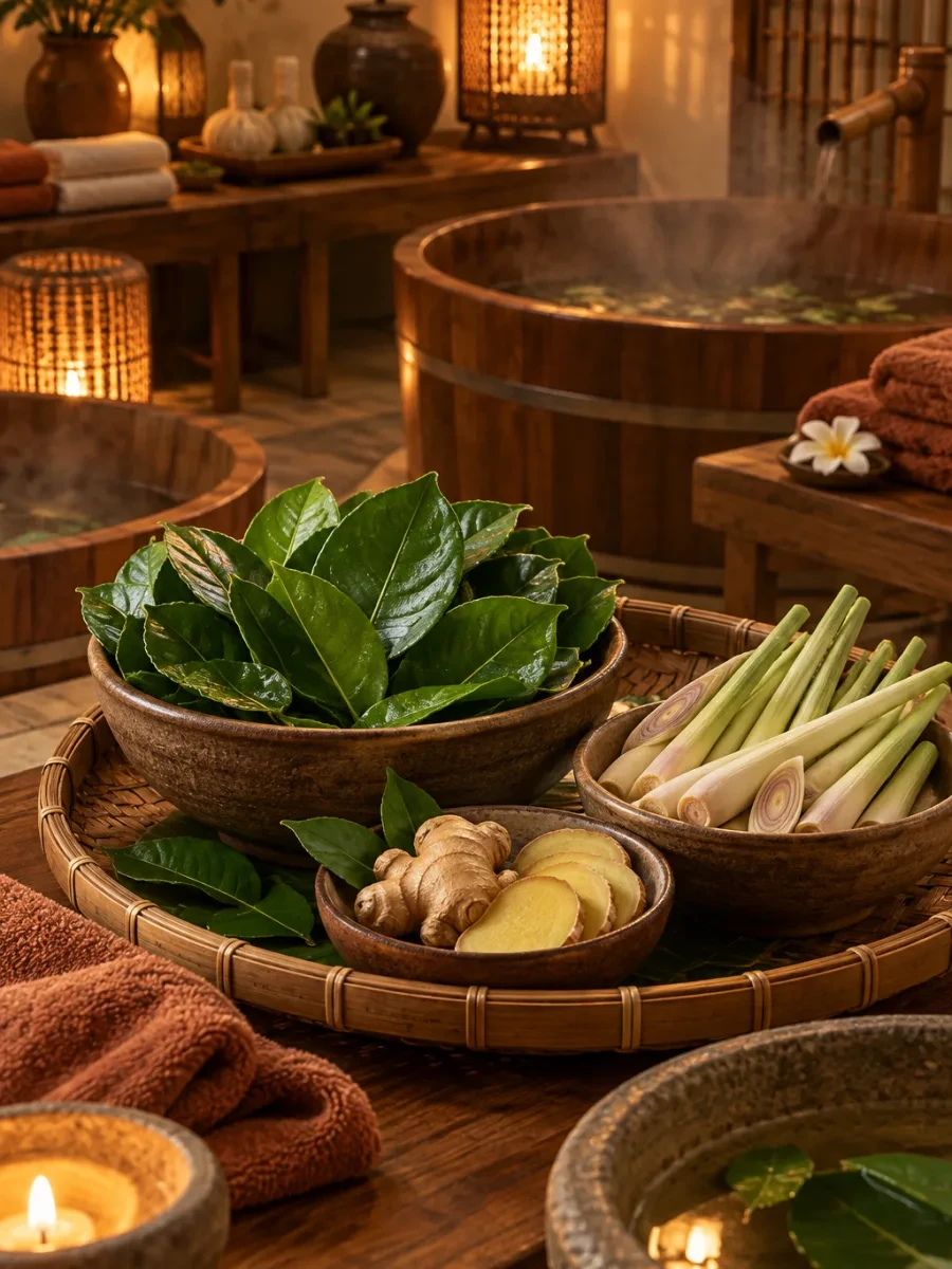 Thau lá bưởi, sả và gừng tươi trên khay gỗ