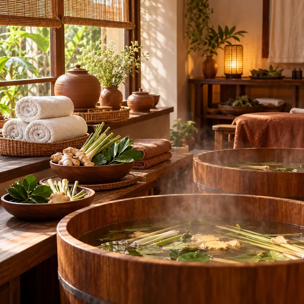 Khăn cuộn tròn và hũ đất bên cửa sổ