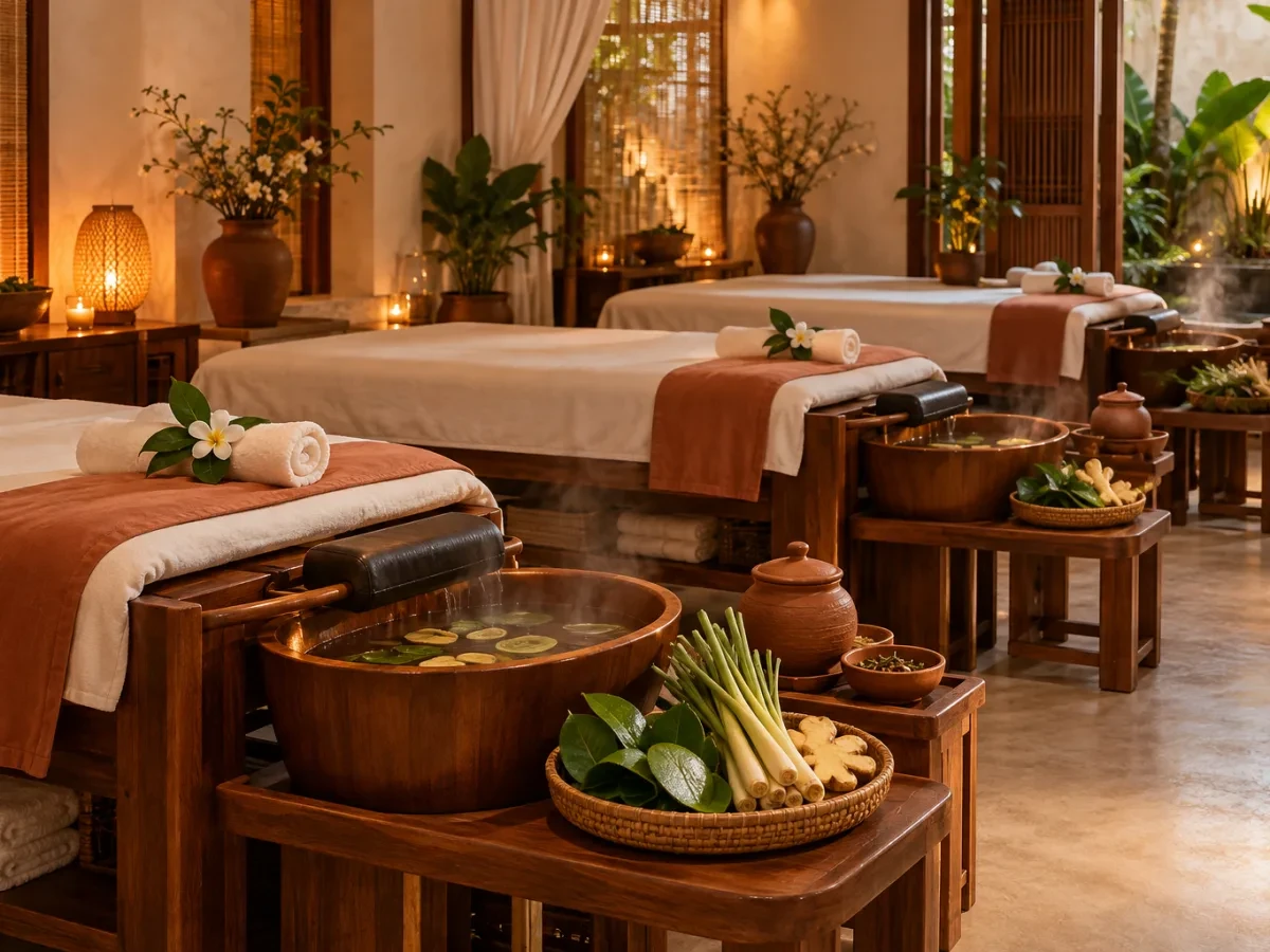 Dãy giường gội gỗ trải khăn trắng